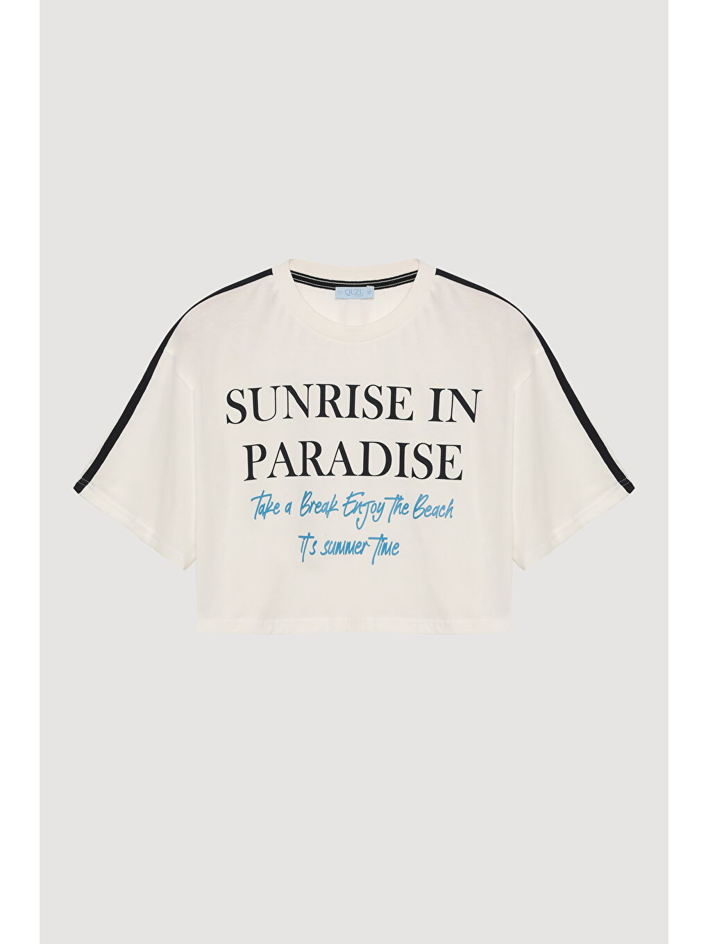 Biye Detaylı Yazı Baskılı Crop Tişört Ekru