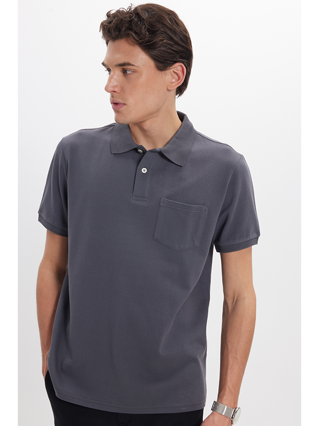 Erkek Regular Fit Klasik Kesim %100 Pamuk Düz Pike Gri Polo Yaka Tişört-2