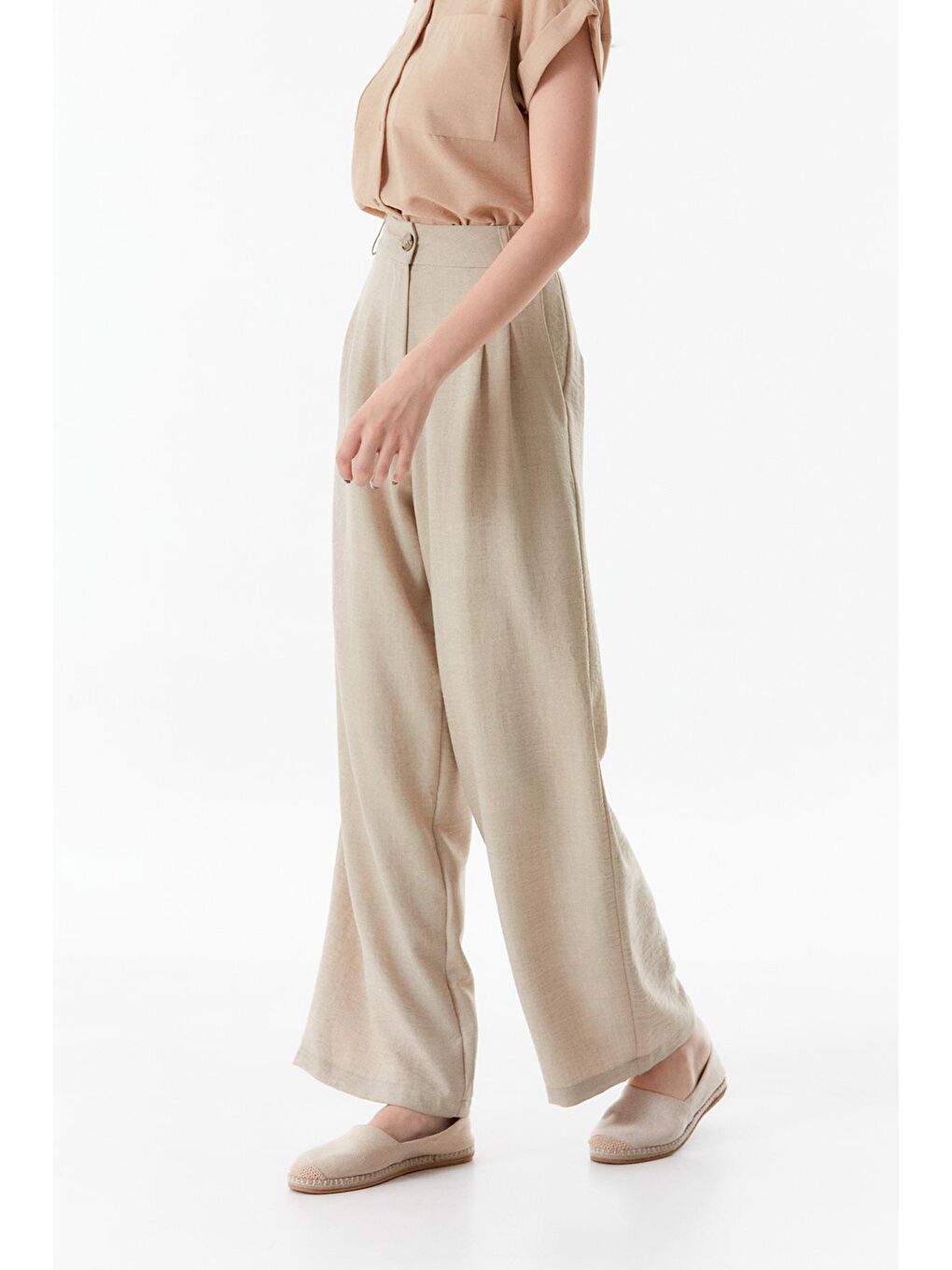 Bej Yüksek Bel Palazzo Kumaş Pantolon-3