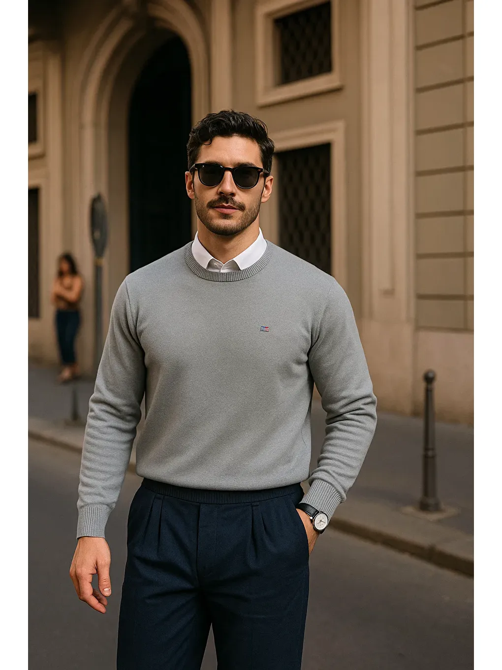 Erkek Günlük Bisiklet Yaka Gri Kazak-1