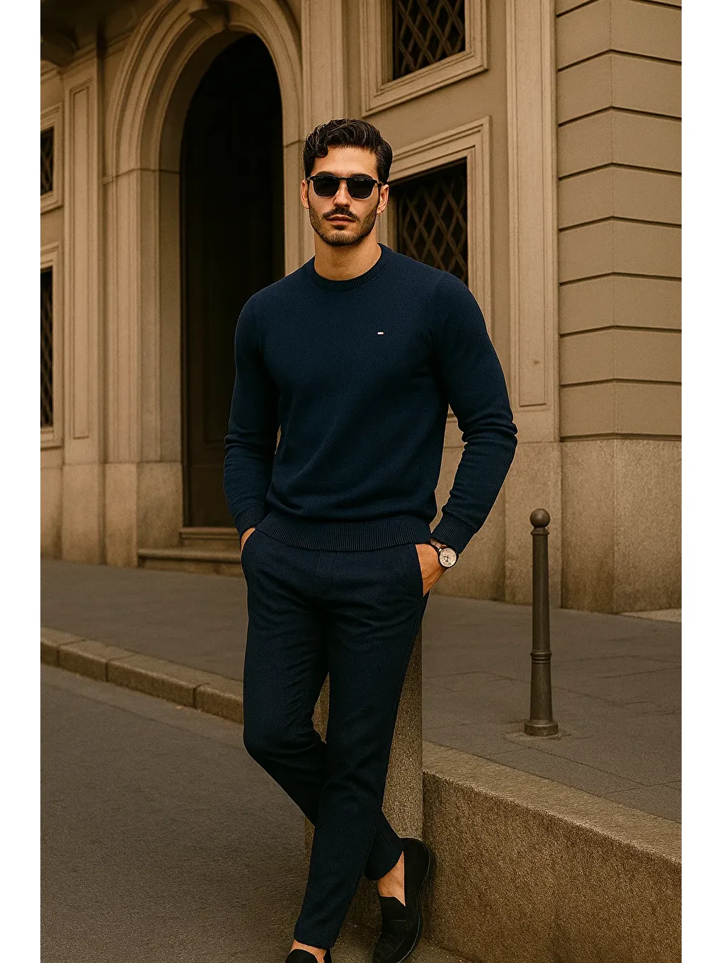 Erkek Günlük Bisiklet Yaka Lacivert Kazak-2