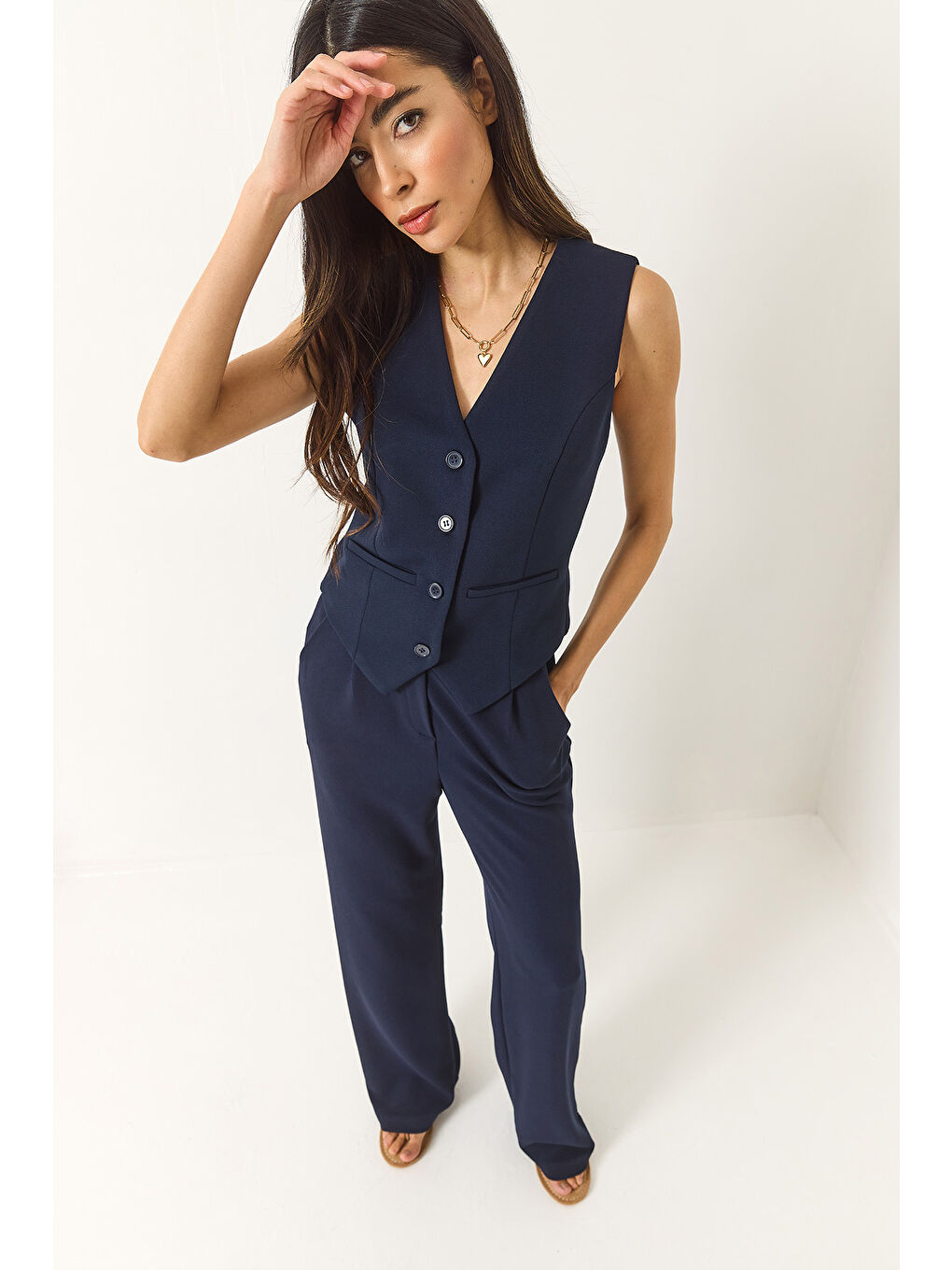 Lacivert Kadın Yüksek Bel Rahat Palazzo Pantolonlu Yelekli Örme Alt-Üst Takım-1