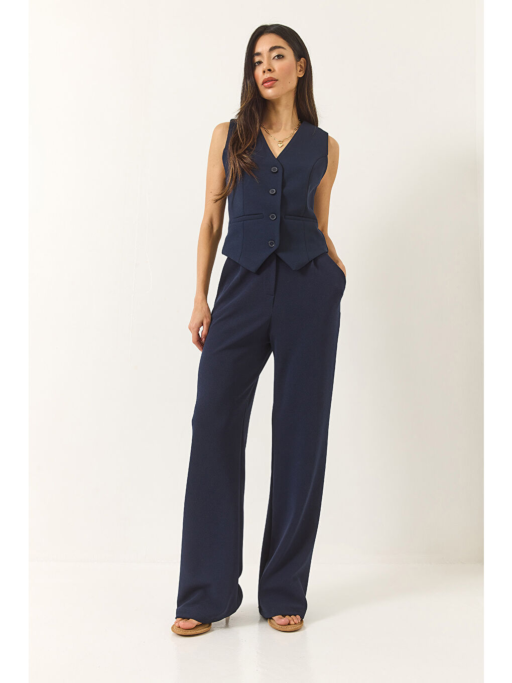 Lacivert Kadın Yüksek Bel Rahat Palazzo Pantolonlu Yelekli Örme Alt-Üst Takım-2