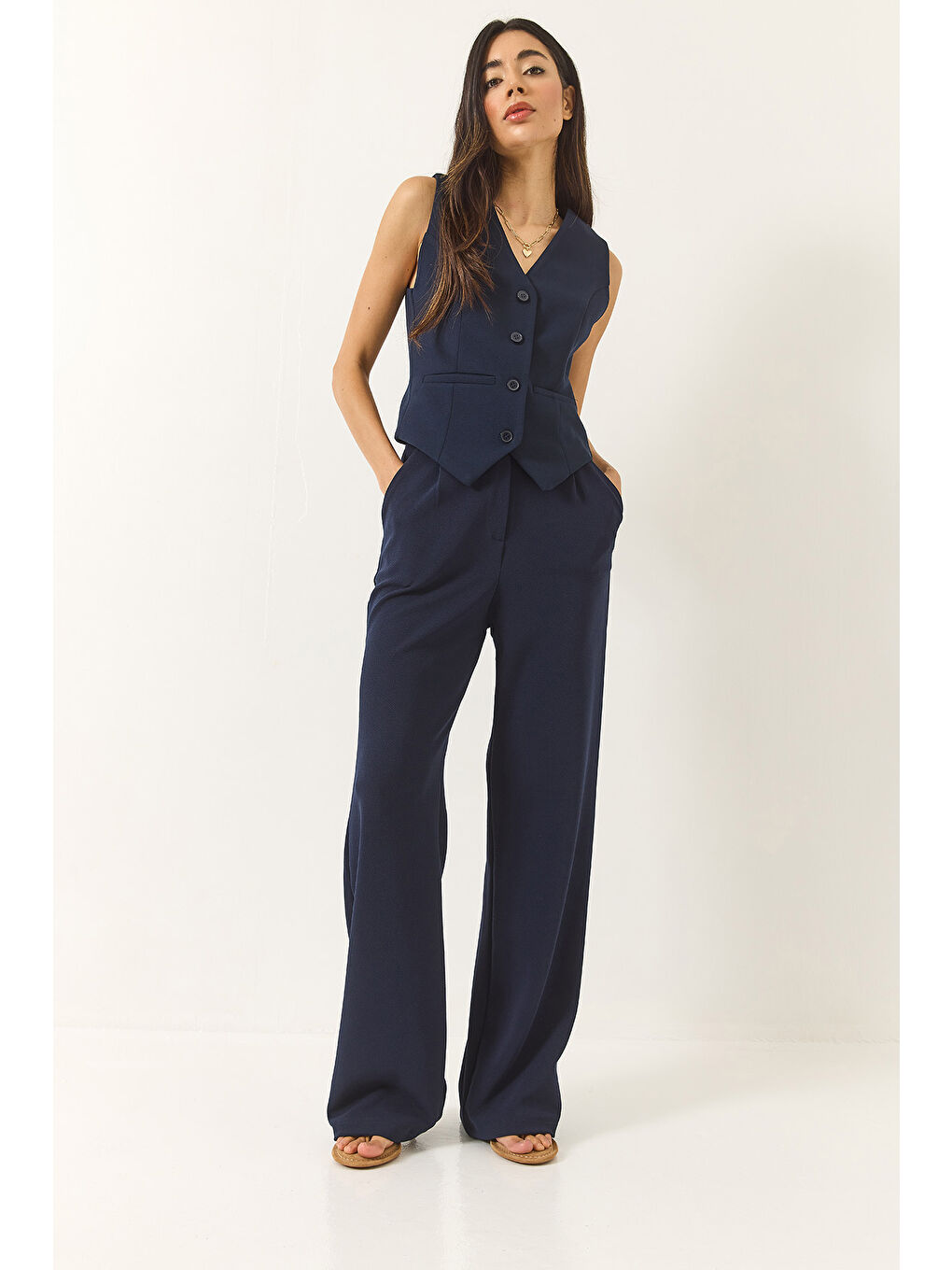 Lacivert Kadın Yüksek Bel Rahat Palazzo Pantolonlu Yelekli Örme Alt-Üst Takım-3