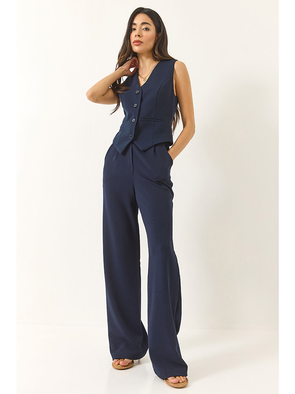 Lacivert Kadın Yüksek Bel Rahat Palazzo Pantolonlu Yelekli Örme Alt-Üst Takım-4