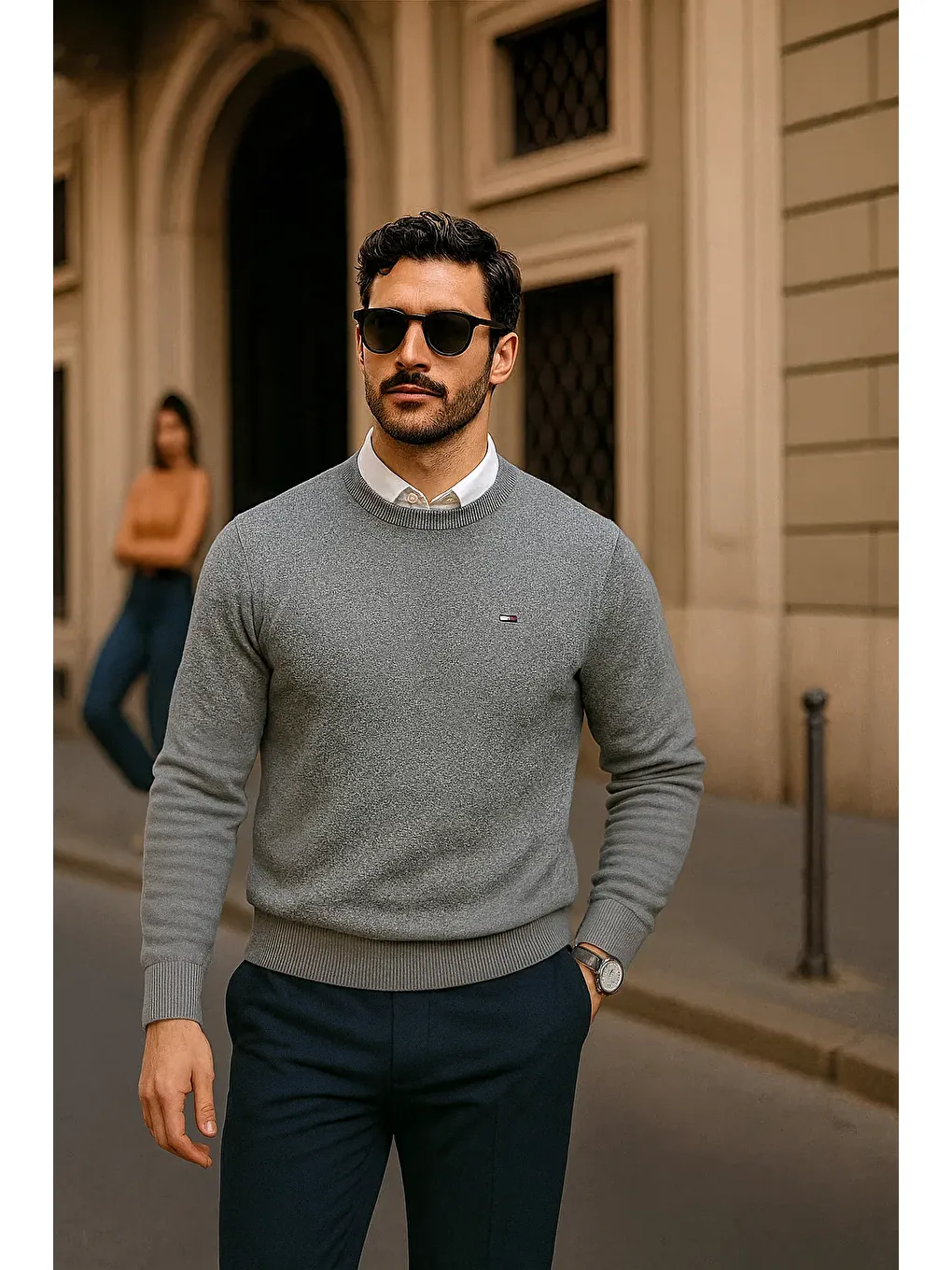 Erkek Günlük Bisiklet Yaka Gri Kazak-2