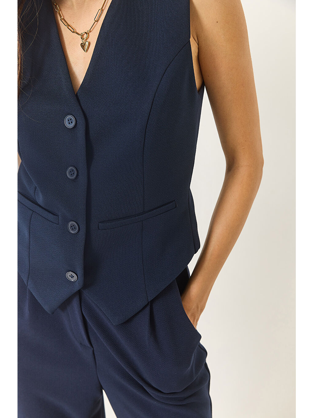 Lacivert Kadın Yüksek Bel Rahat Palazzo Pantolonlu Yelekli Örme Alt-Üst Takım-5