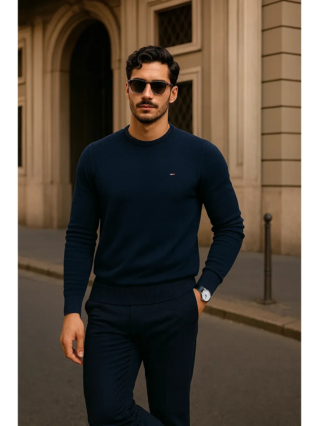 Erkek Günlük Bisiklet Yaka Lacivert Kazak-3