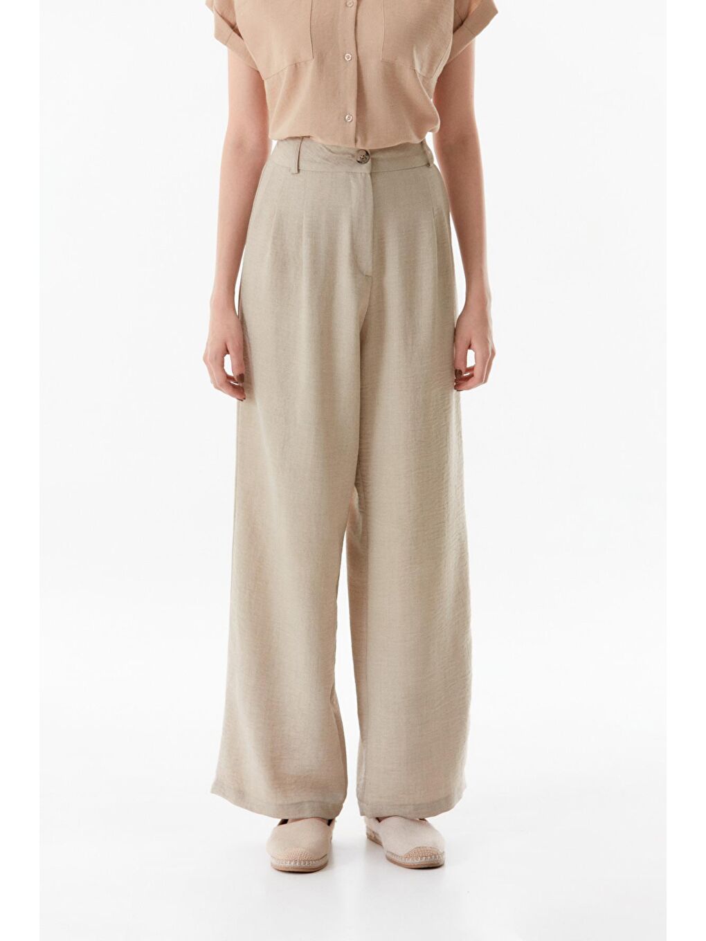 Bej Yüksek Bel Palazzo Kumaş Pantolon-4