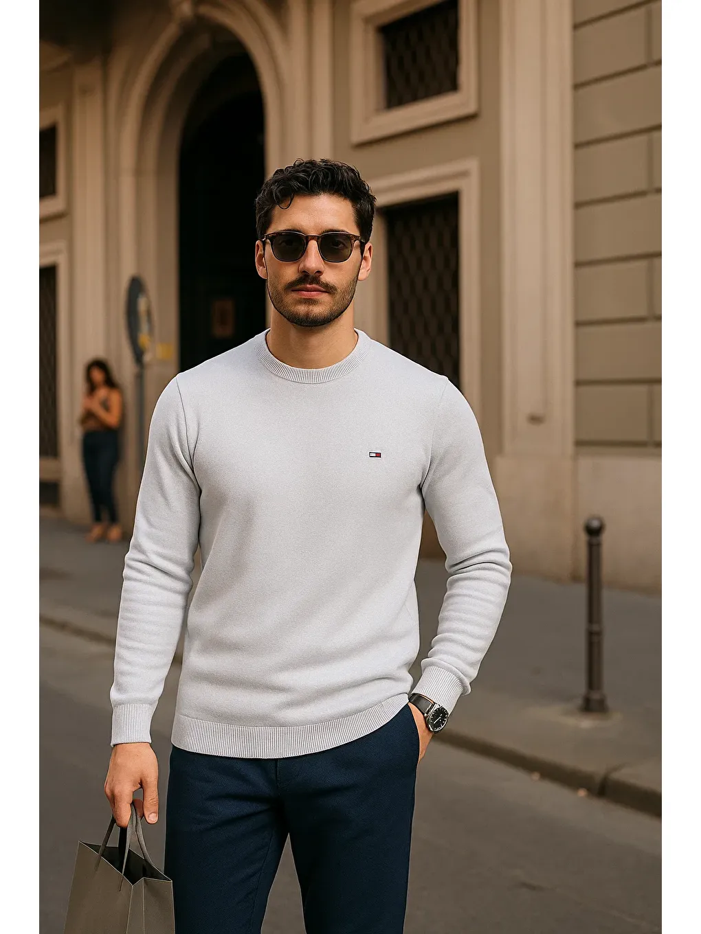 Erkek Günlük Bisiklet Yaka Beyaz Kazak-1