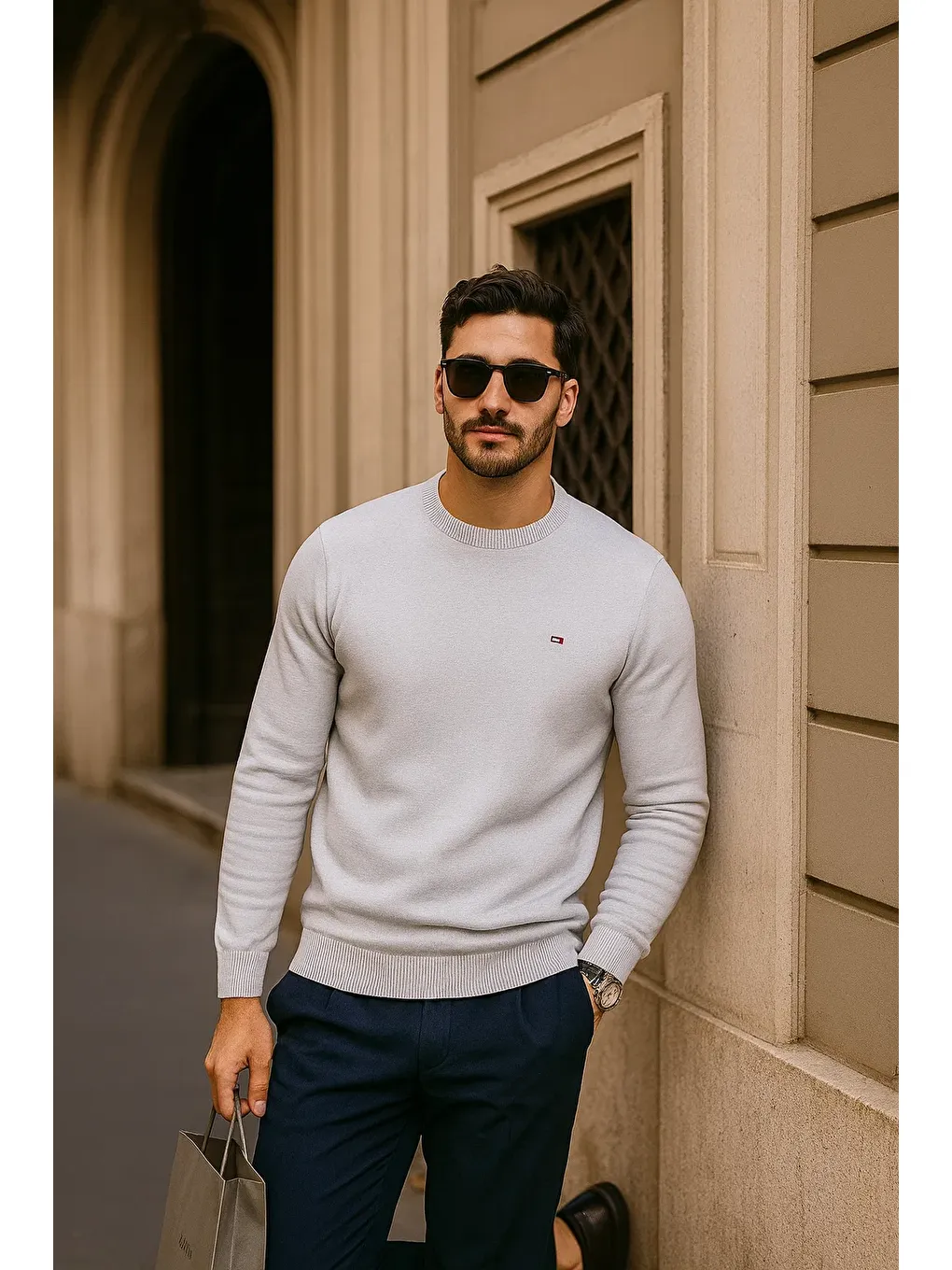 Erkek Günlük Bisiklet Yaka Beyaz Kazak-2