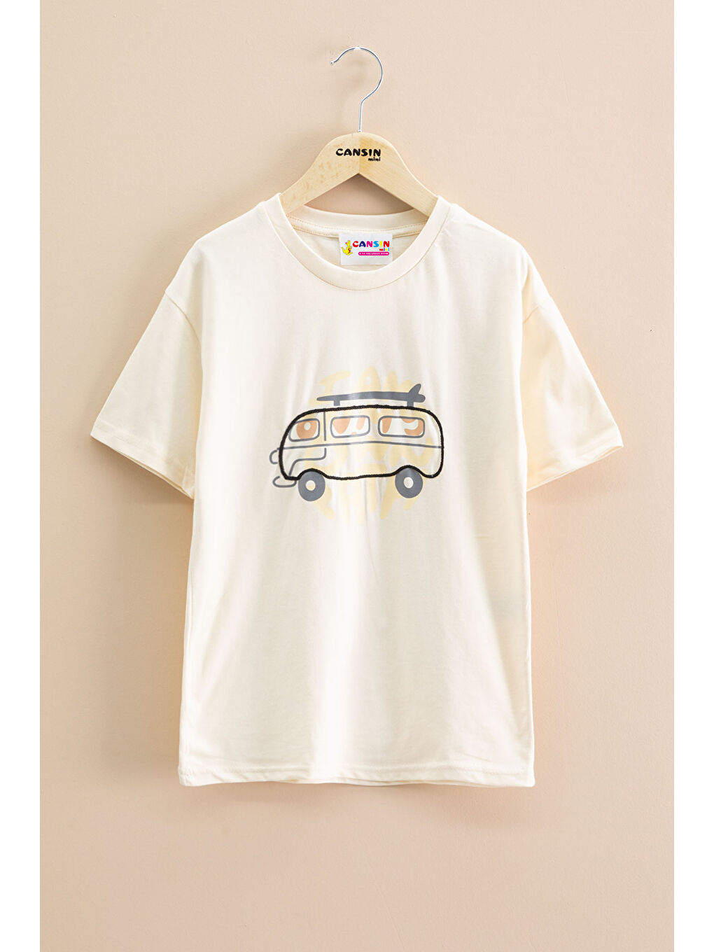 Ekru Krem Araba Baskılı Bisiklet Yaka Erkek Çocuk Kısa Kol Tişört 20924