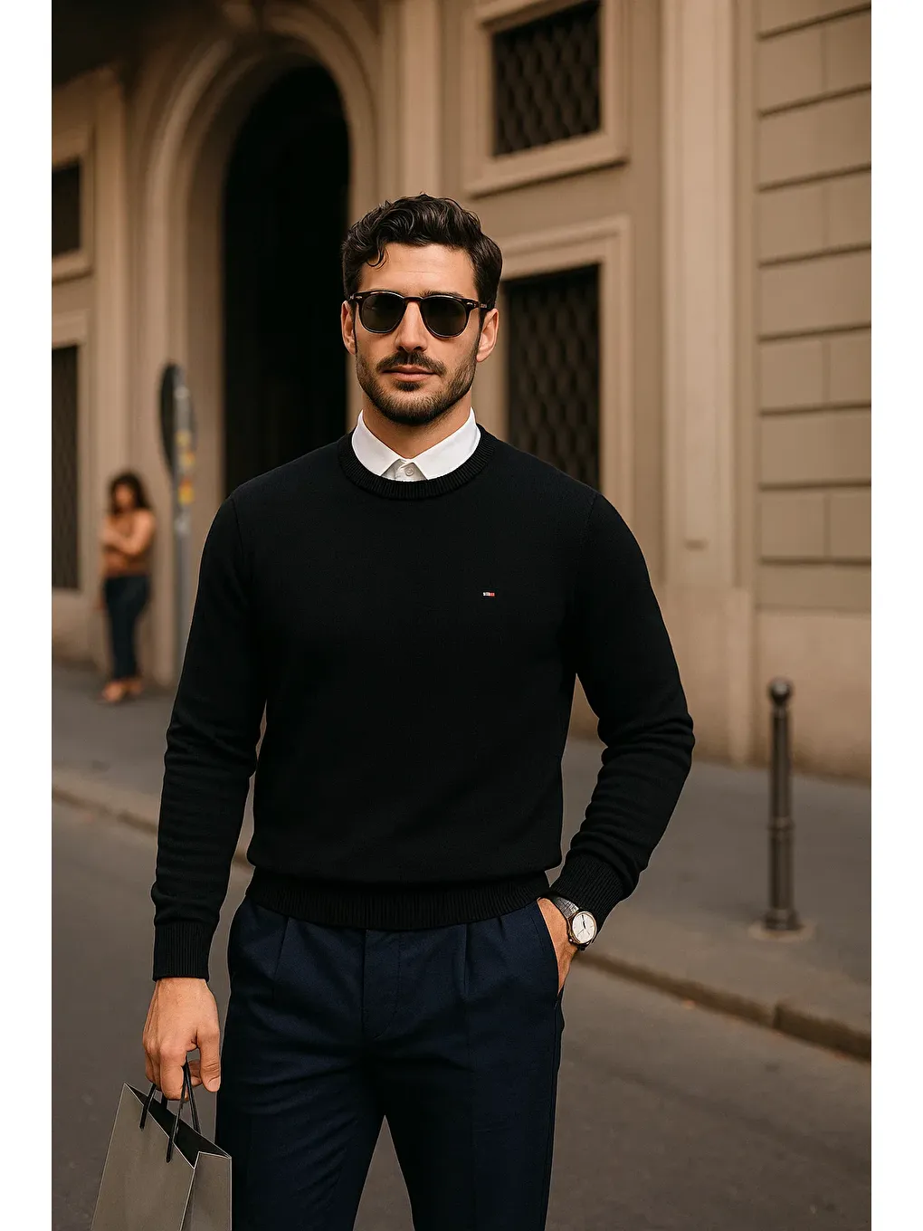 Erkek Günlük Bisiklet Yaka Siyah Kazak