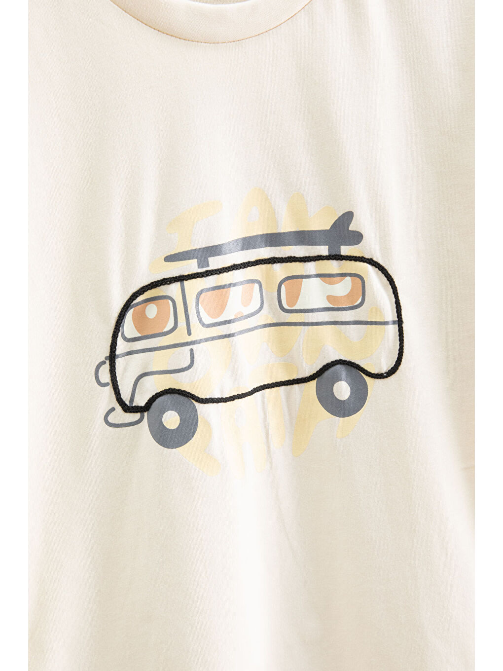 Ekru Krem Araba Baskılı Bisiklet Yaka Erkek Çocuk Kısa Kol Tişört 20924-1