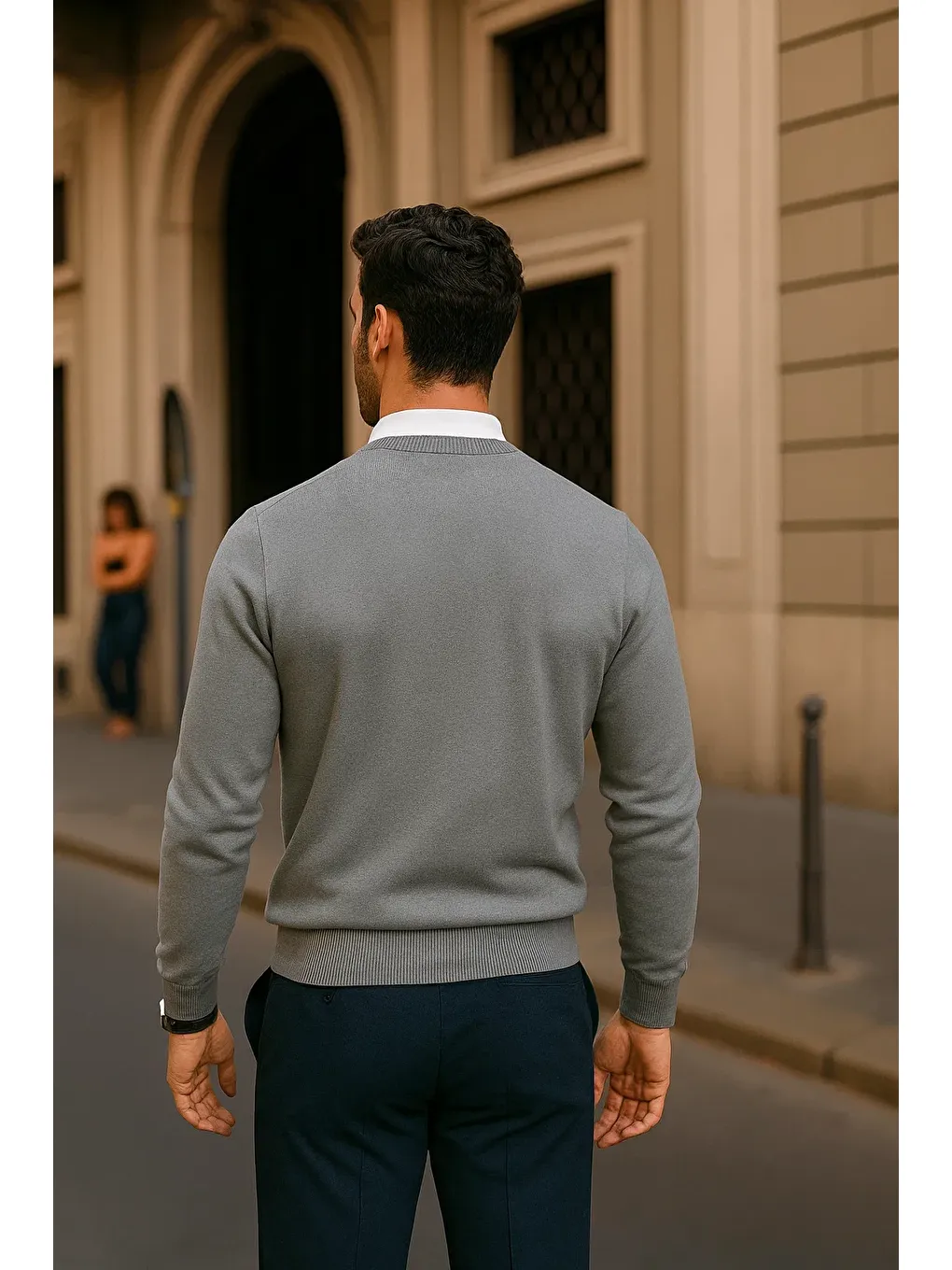 Erkek Günlük Bisiklet Yaka Gri Kazak-5