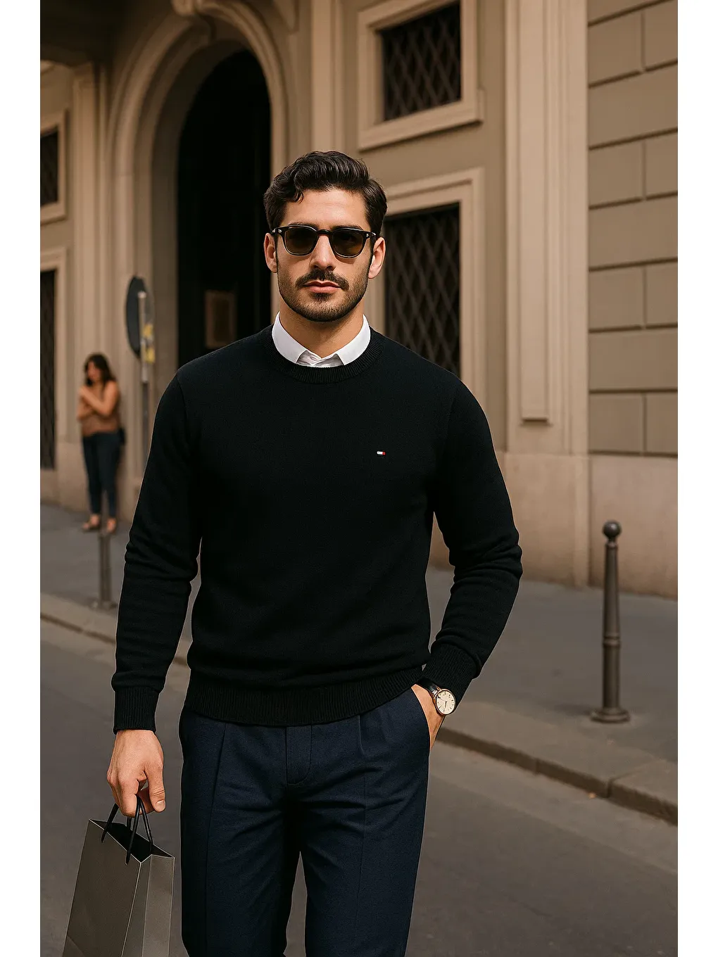 Erkek Günlük Bisiklet Yaka Siyah Kazak-1