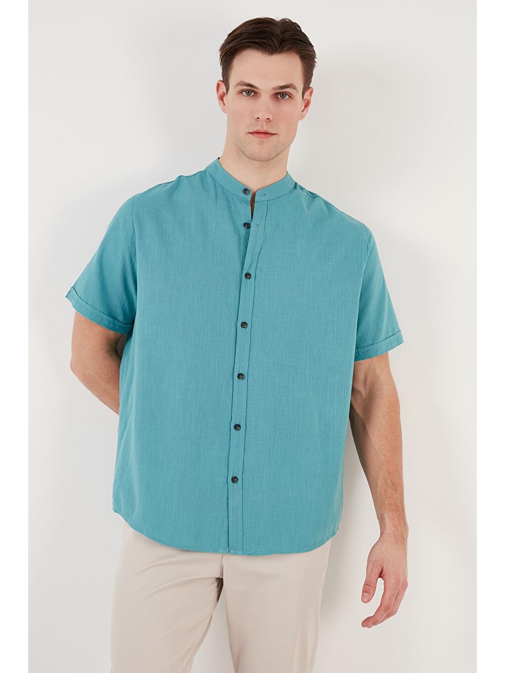 Petrol Keten Görünümlü Hakim Yaka Kısa Kol %100 Pamuk Erkek Gömlek CF21S113899-1