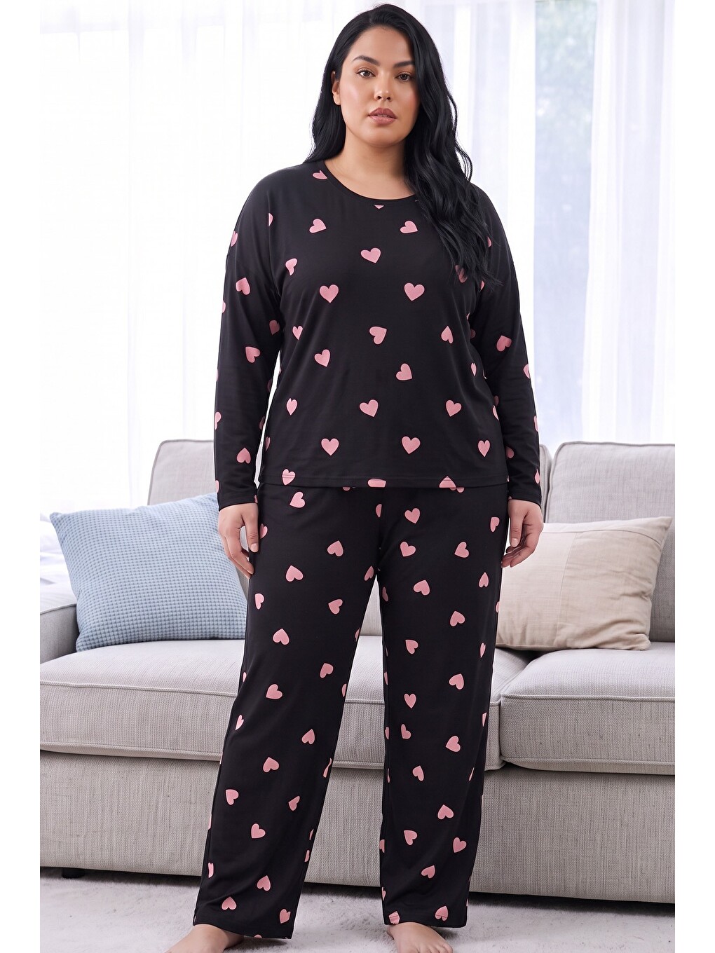 Siyah Desenli Termal Kumaşlı Ultra Soft Yumuşak Büyük Beden Battal Boy Örme Pijama Takımı-1