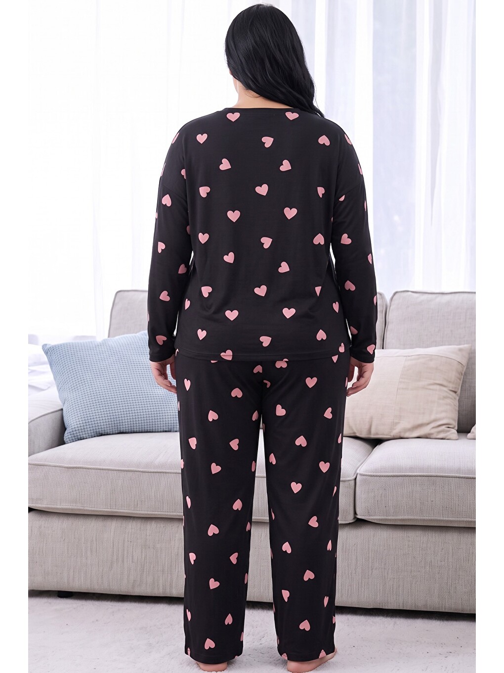 Siyah Desenli Termal Kumaşlı Ultra Soft Yumuşak Büyük Beden Battal Boy Örme Pijama Takımı-2