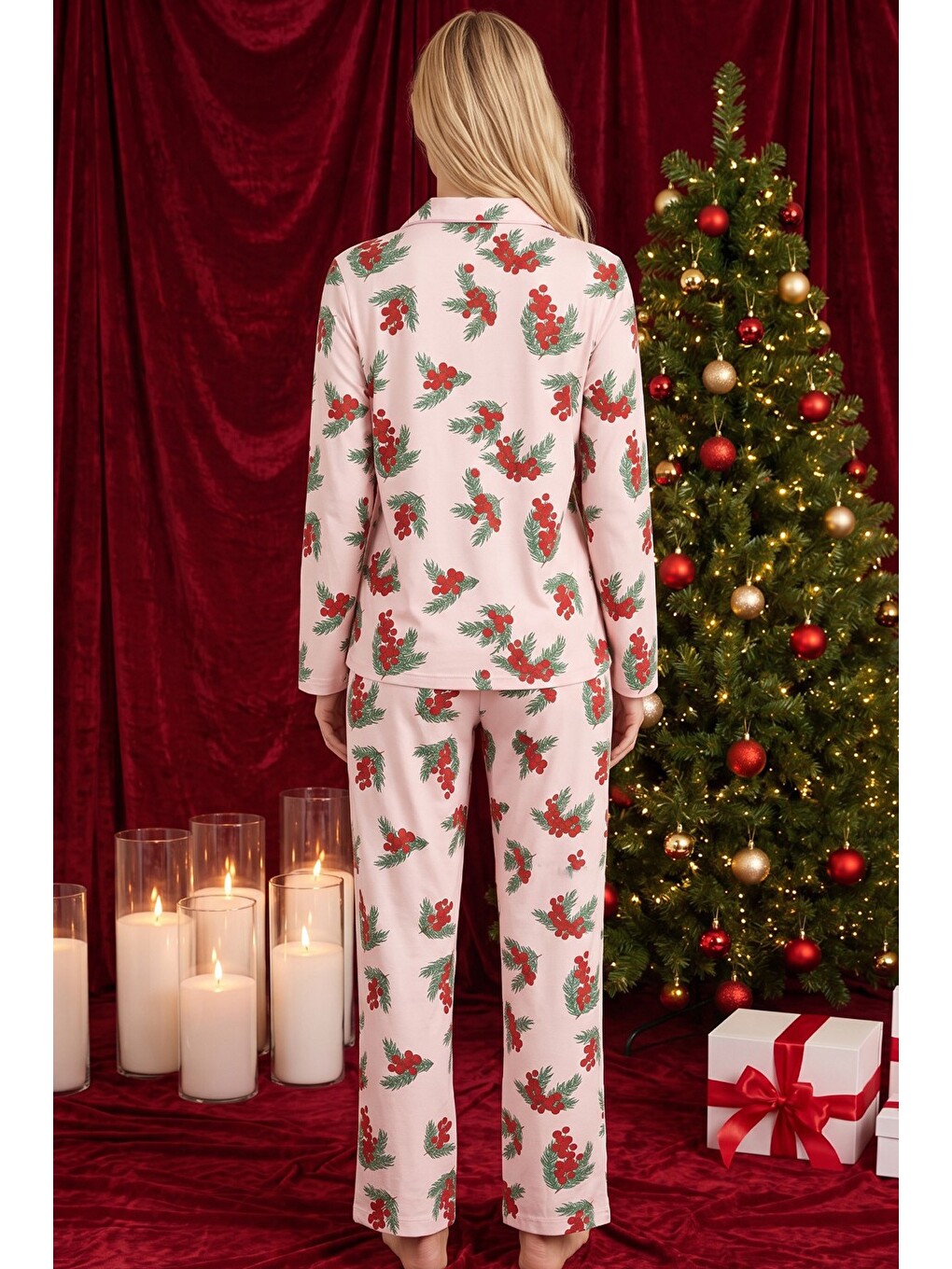 Pembe Yılbaşı Temalı Desenli Termal Kumaşlı Ultra Soft Yumuşak Düğmeli Örme Pijama Takımı-2