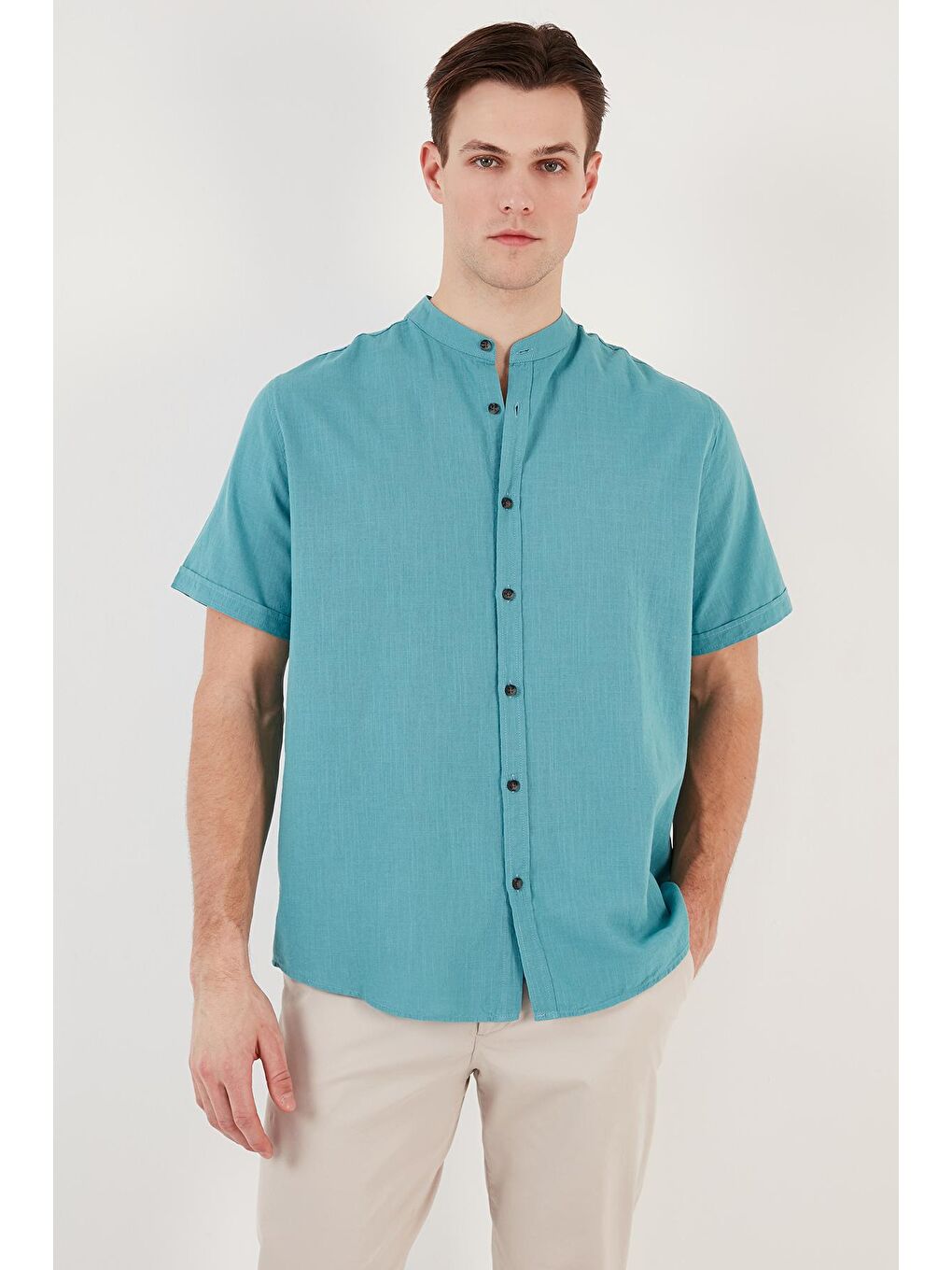 Petrol Keten Görünümlü Hakim Yaka Kısa Kol %100 Pamuk Erkek Gömlek CF21S113899-2