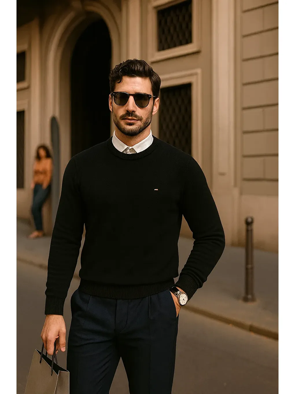 Erkek Günlük Bisiklet Yaka Siyah Kazak-2