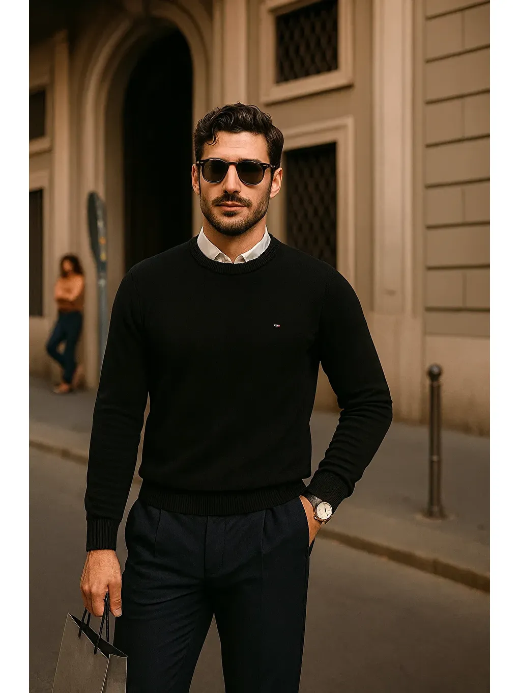 Erkek Günlük Bisiklet Yaka Siyah Kazak-3