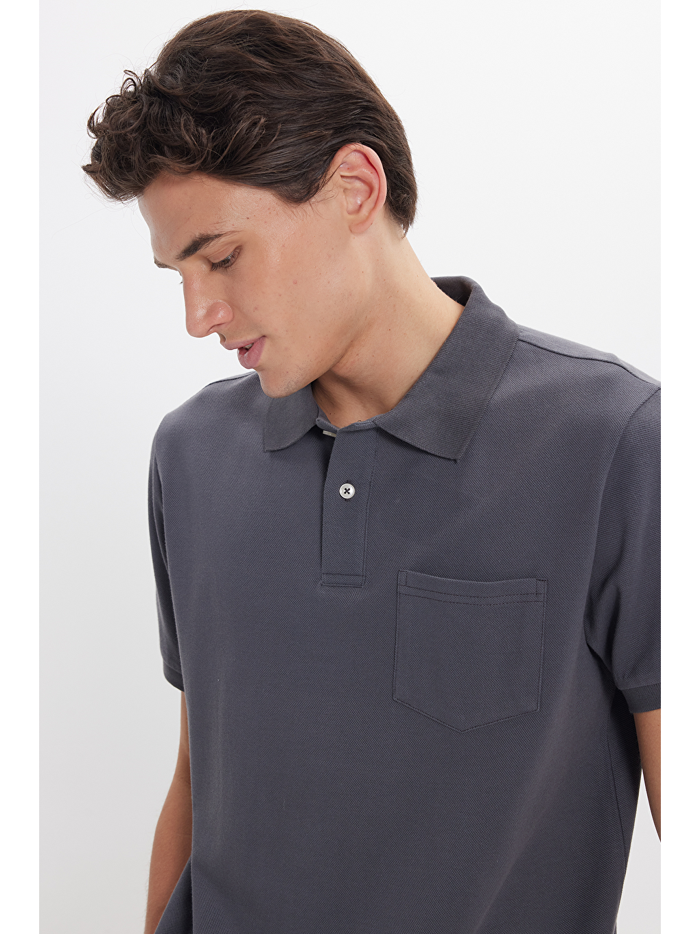 Erkek Regular Fit Klasik Kesim %100 Pamuk Düz Pike Gri Polo Yaka Tişört-6