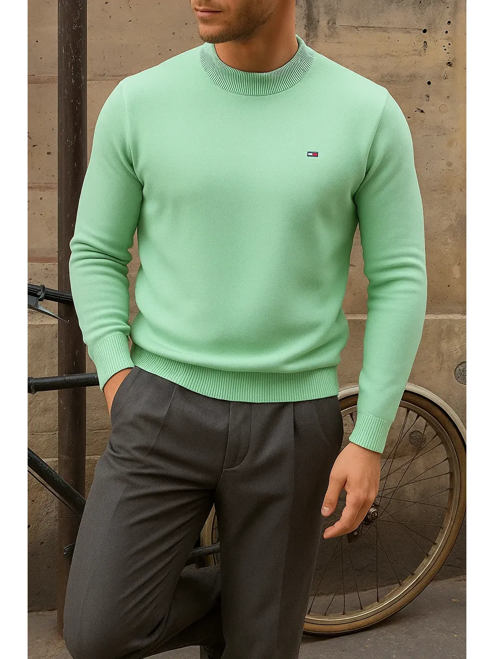 Yeşil Erkek Kışlık Yarım Boğazlı Dar Basic Mint Kazak-1