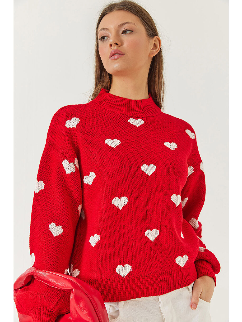 Kırmızı Kadın Kalp Desenli Triko Kazak