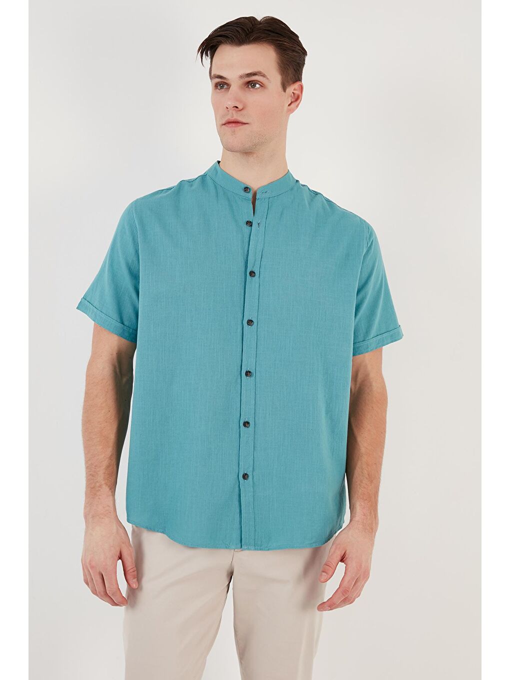 Petrol Keten Görünümlü Hakim Yaka Kısa Kol %100 Pamuk Erkek Gömlek CF21S113899-4