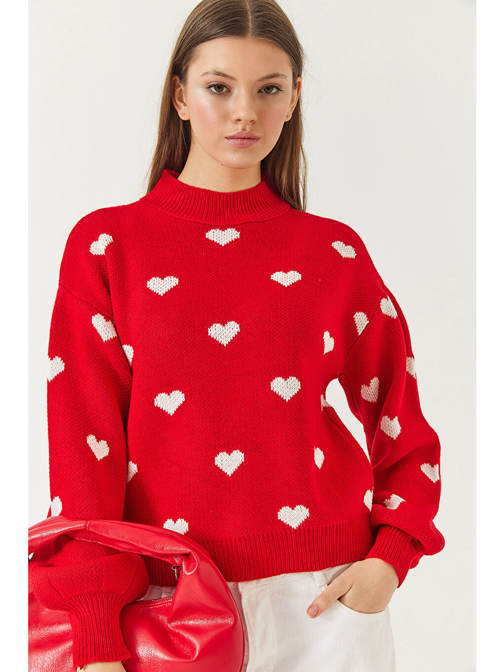 Kırmızı Kadın Kalp Desenli Triko Kazak-1