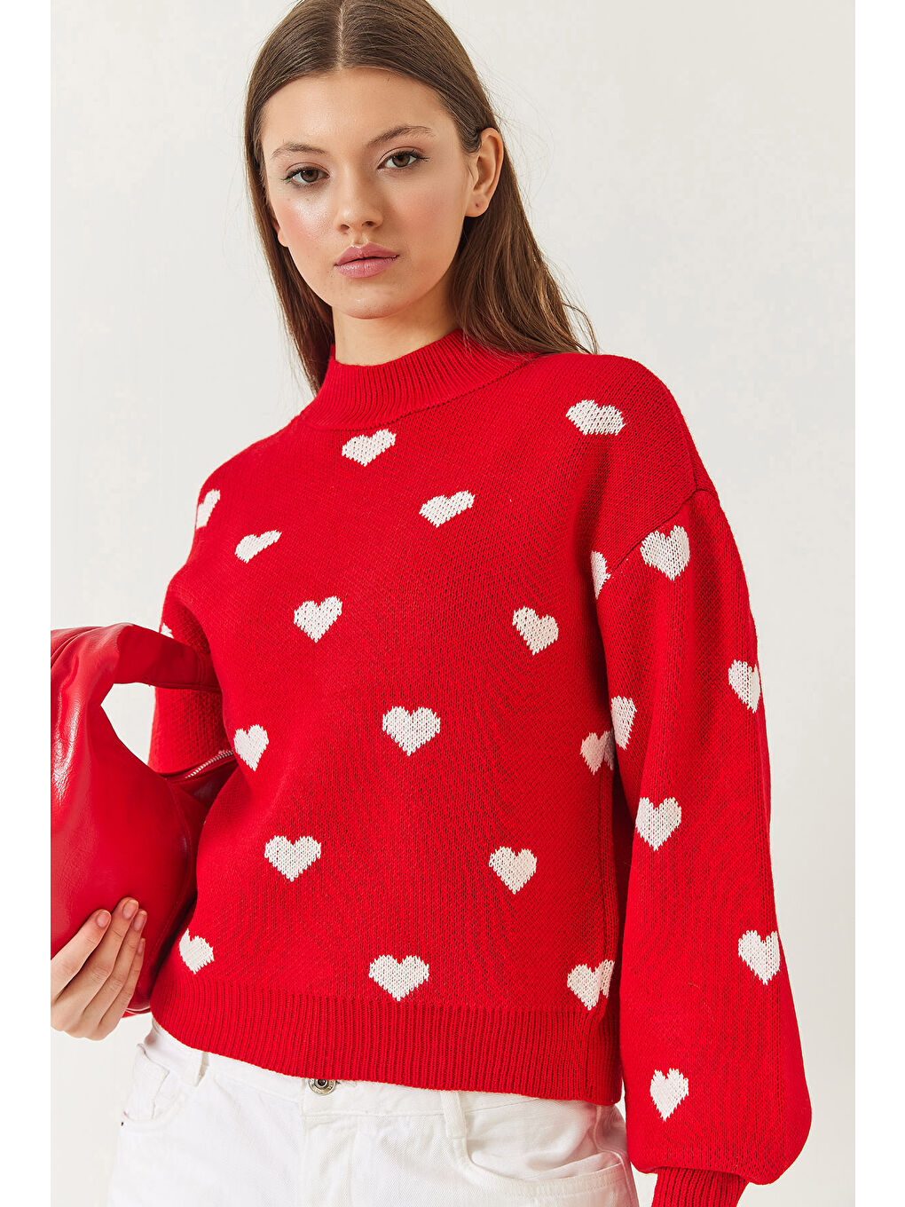 Kırmızı Kadın Kalp Desenli Triko Kazak-3