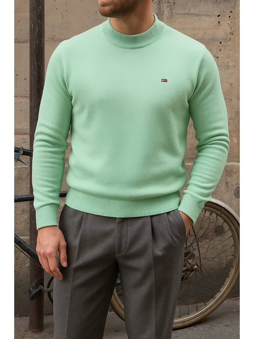 Yeşil Erkek Kışlık Yarım Boğazlı Dar Basic Mint Kazak-2