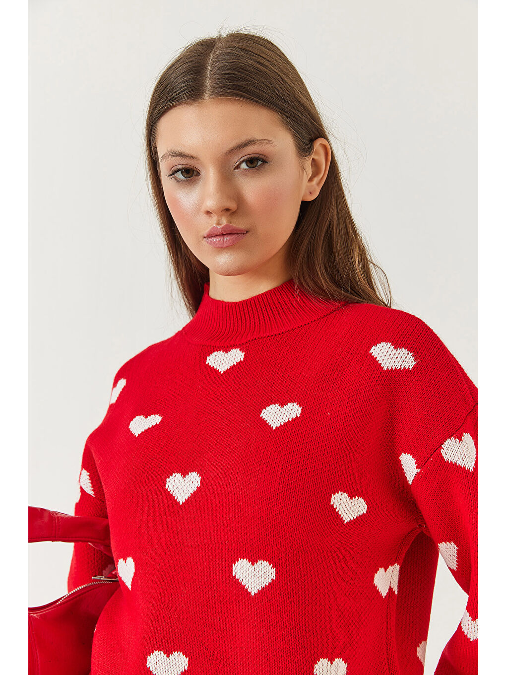 Kırmızı Kadın Kalp Desenli Triko Kazak-4