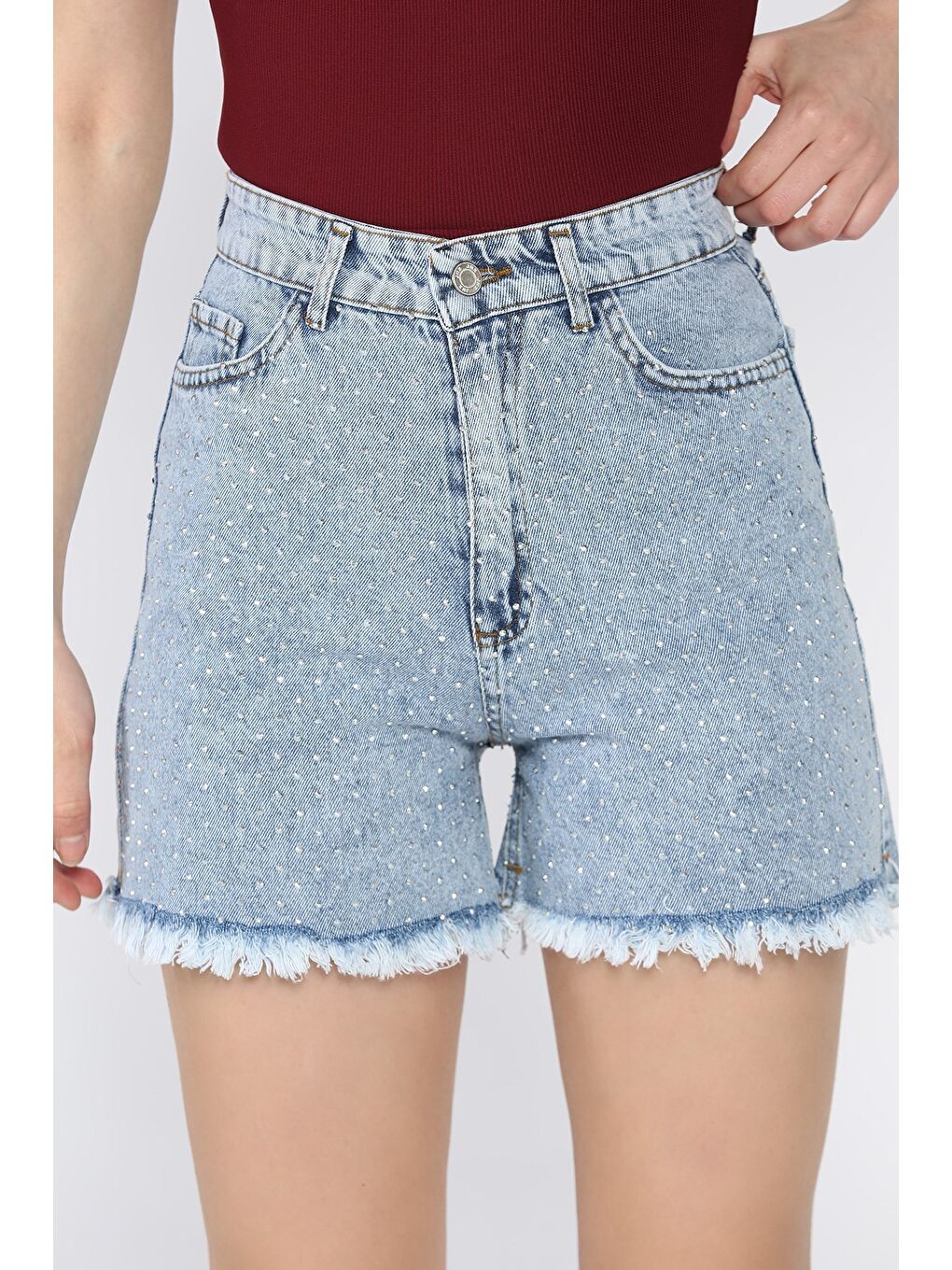 Mavi Kadın Taşlı Paça Püsküllü Jean Jean Şort-3