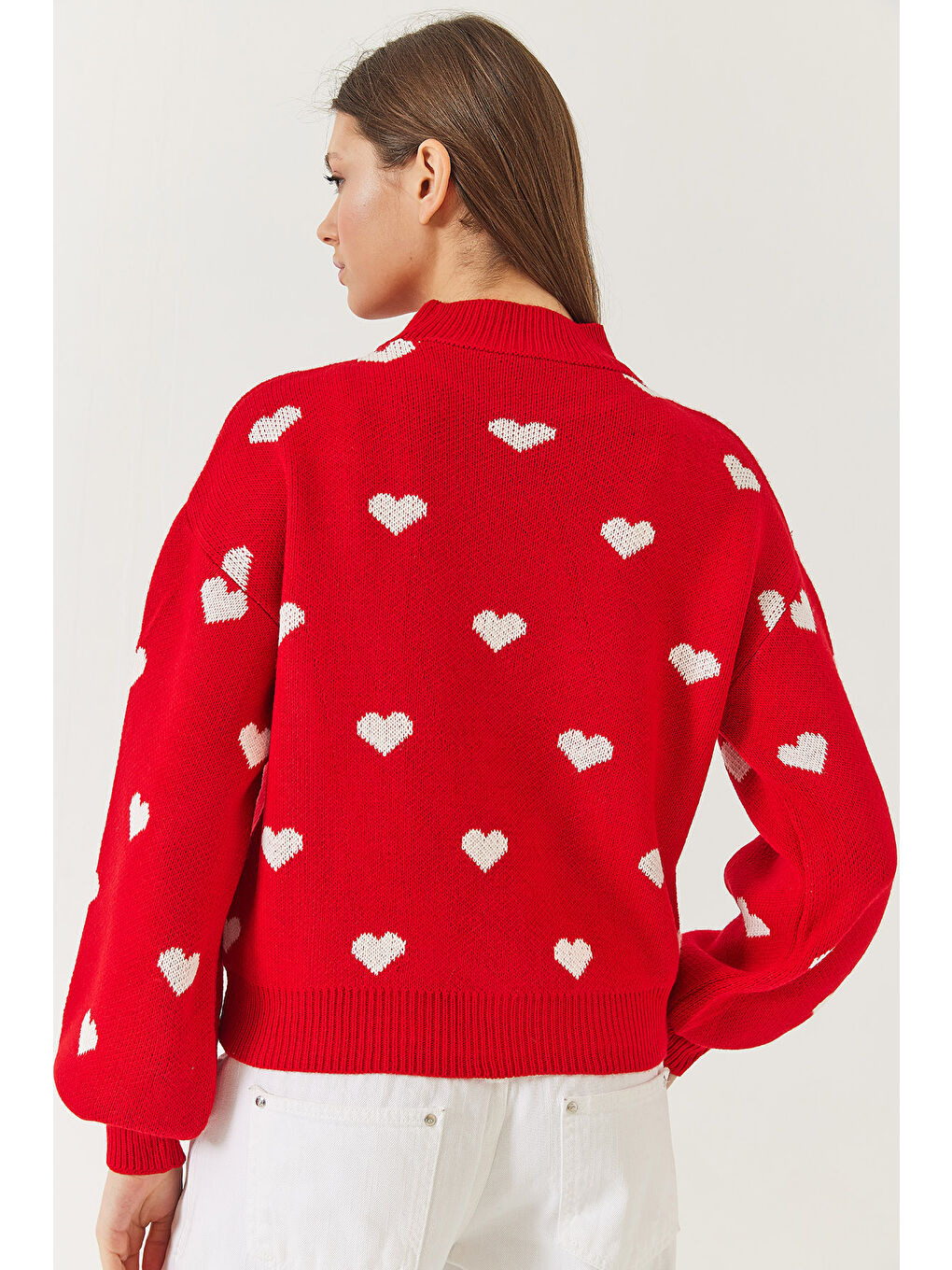 Kırmızı Kadın Kalp Desenli Triko Kazak-5