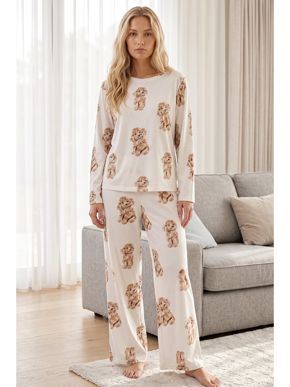 Ekru Desenli Termal Kumaşlı Ultra Soft Yumuşak Örme Pijama Takımı-1