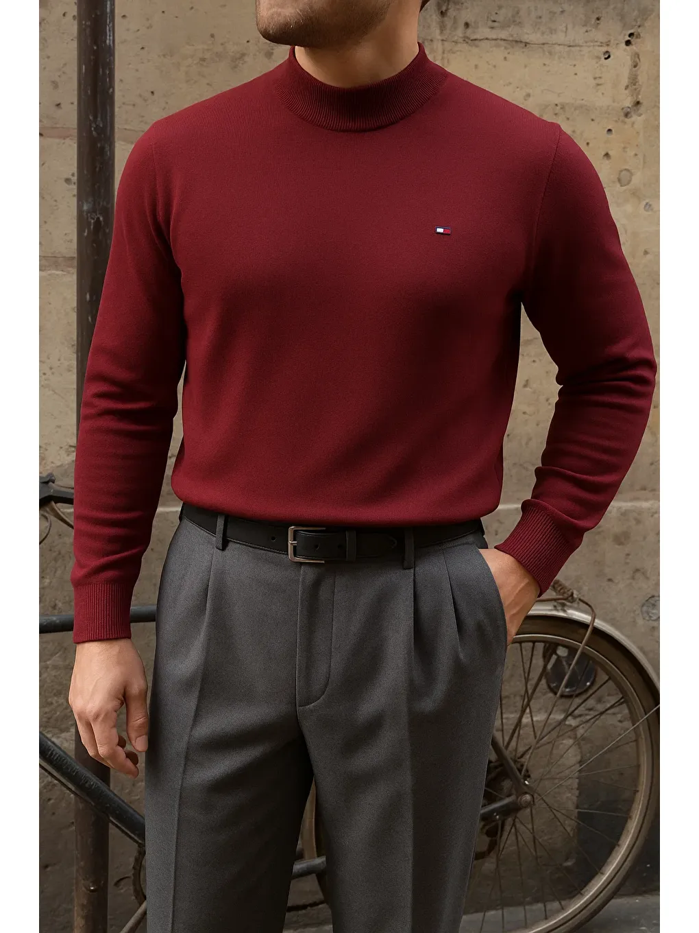 Erkek Kışlık Yarım Boğazlı Dar Basic Bordo Kazak-1