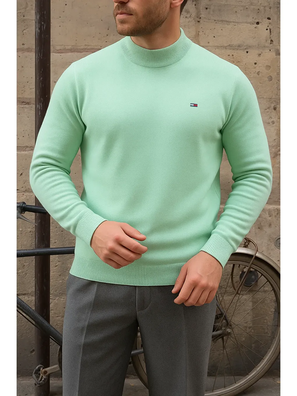 Yeşil Erkek Kışlık Yarım Boğazlı Dar Basic Mint Kazak-3