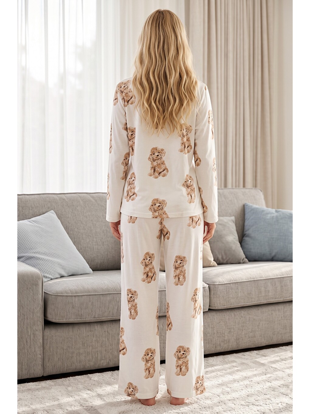 Ekru Desenli Termal Kumaşlı Ultra Soft Yumuşak Örme Pijama Takımı-2
