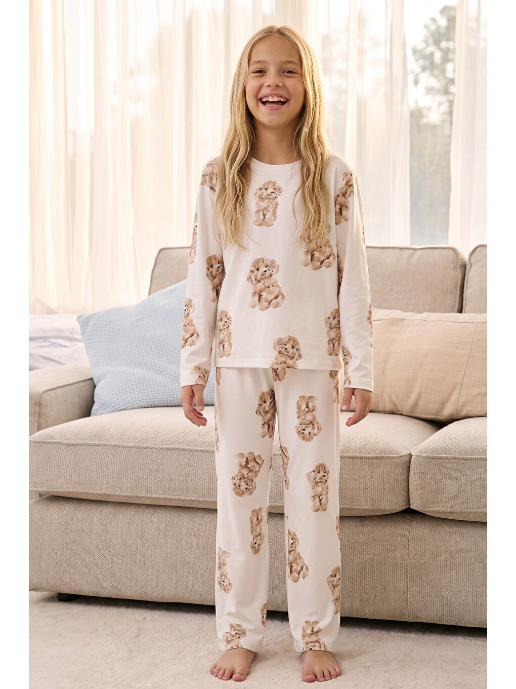 Ekru Desenli Termal Kumaşlı Ultra Soft Yumuşak Örme Pijama Takımı-3