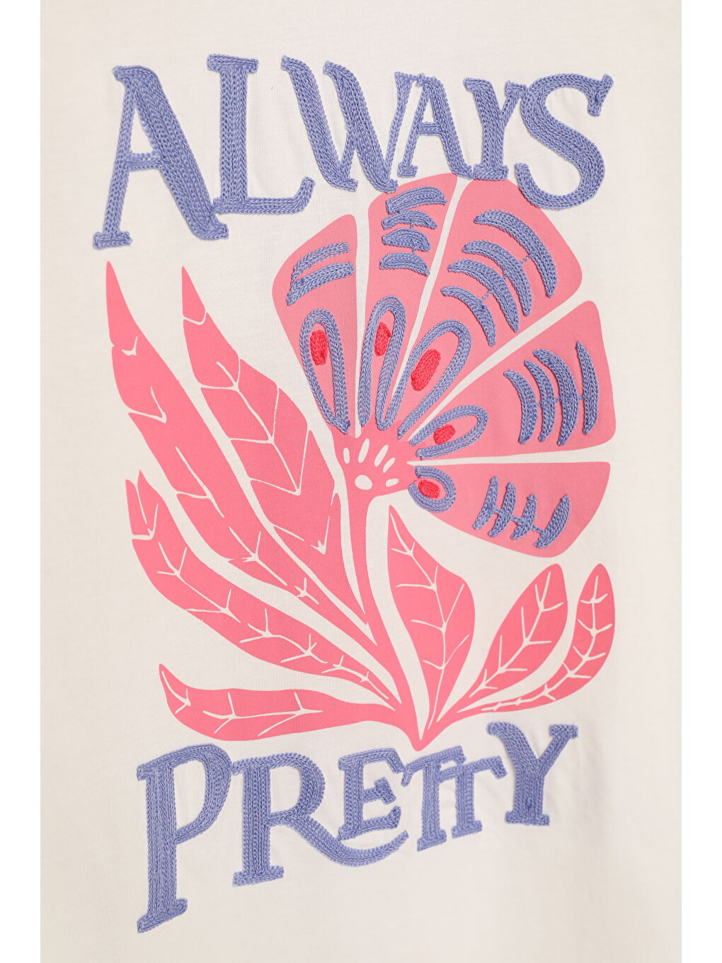 Yazı Nakışlı Çiçek Baskılı Tişört Ekru-3