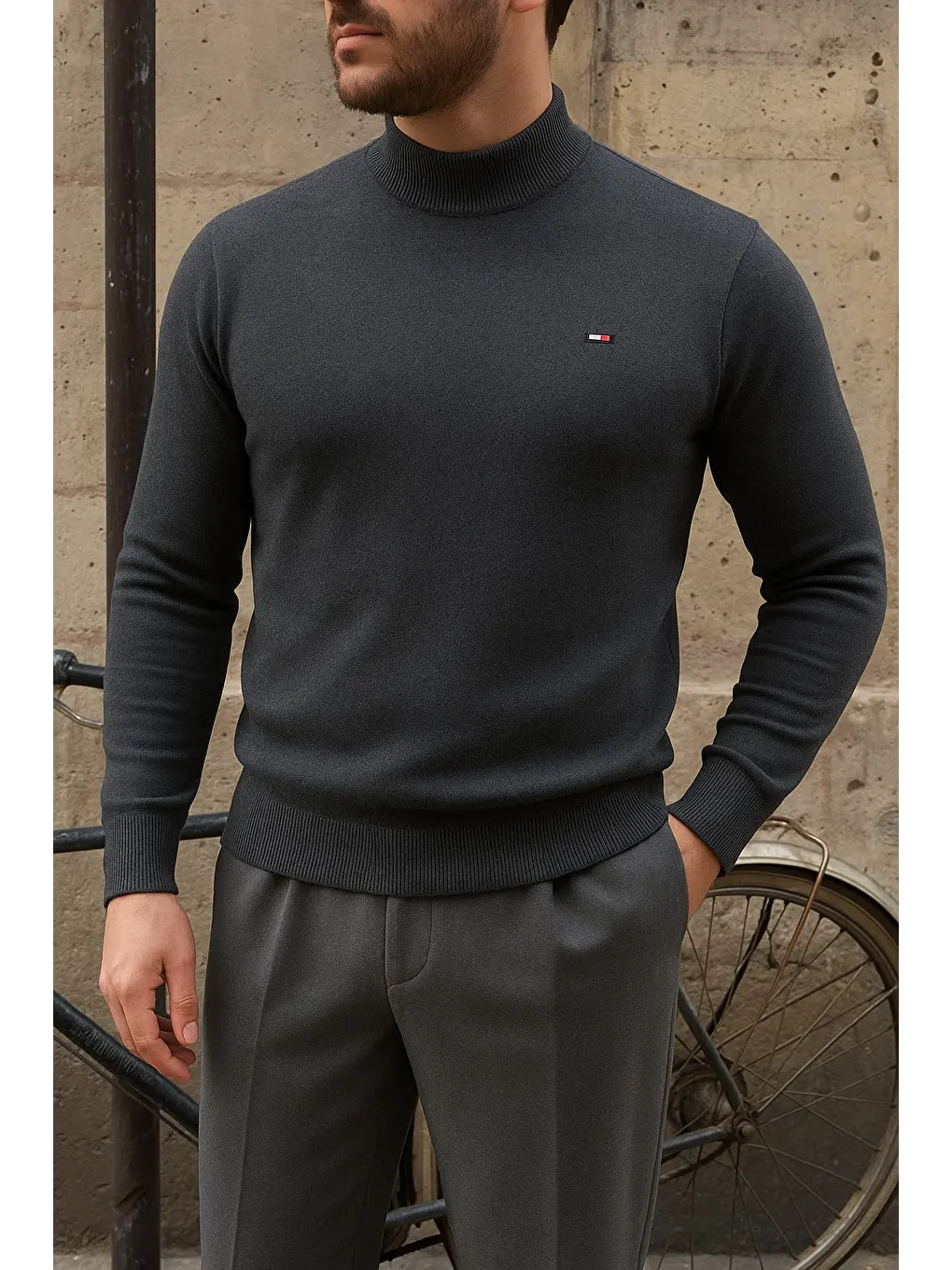 Gri Erkek Kışlık Yarım Boğazlı Dar Basic Füme Kazak