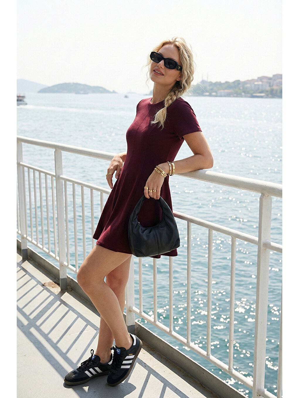 Bordo Regular Fit Bisiklet Yaka Pileli Kadın Mini Elbise 5866342