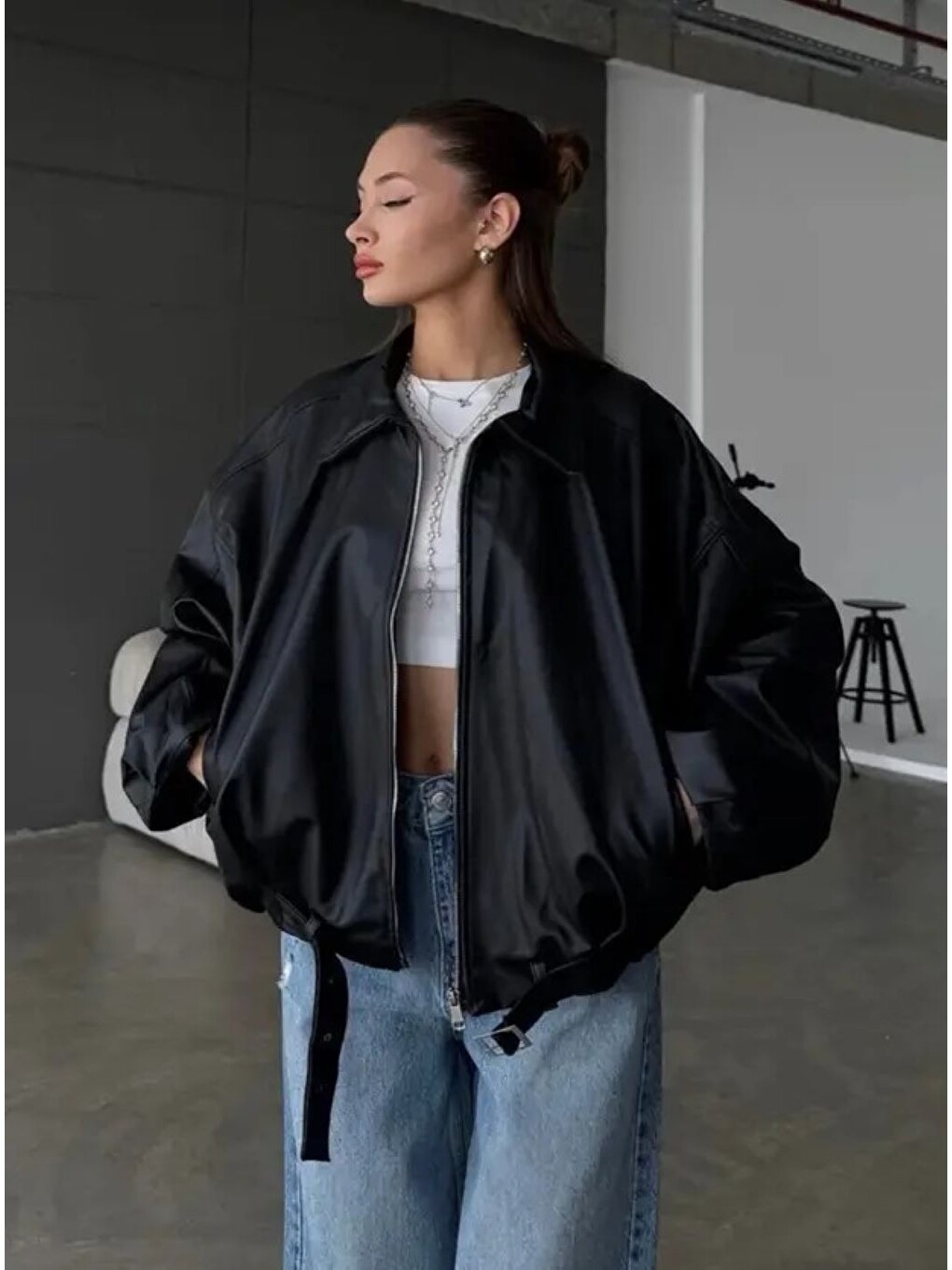 Kadın Siyah Oversize Suni Deri Bomber Ceket – Fermuarlı Mont Siyah-1