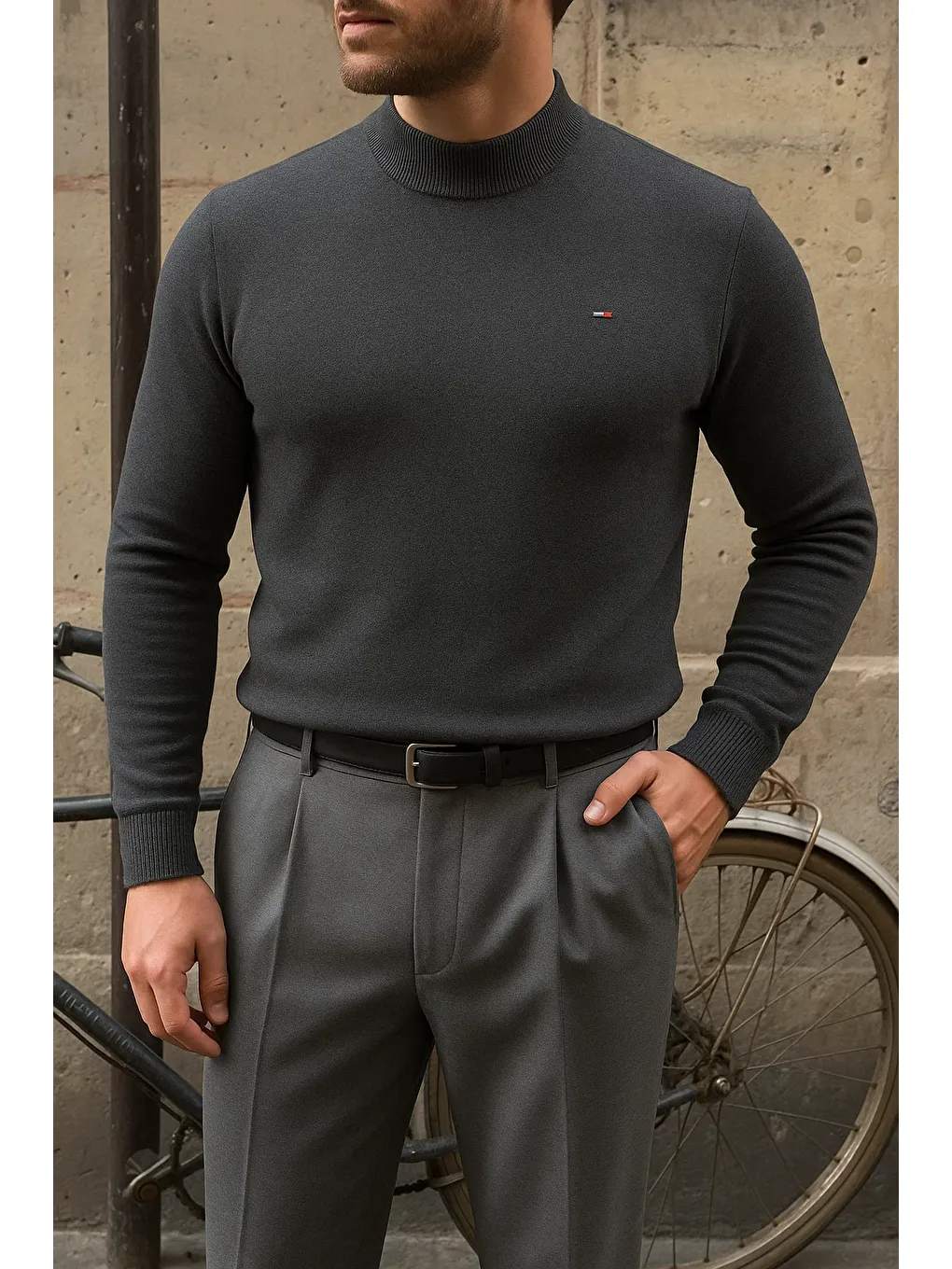 Gri Erkek Kışlık Yarım Boğazlı Dar Basic Füme Kazak-1