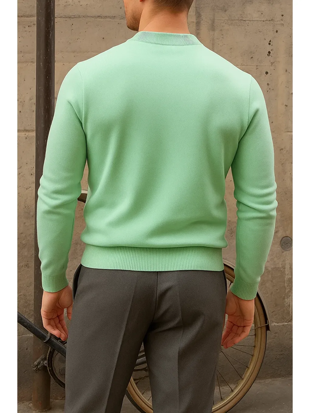 Yeşil Erkek Kışlık Yarım Boğazlı Dar Basic Mint Kazak-5