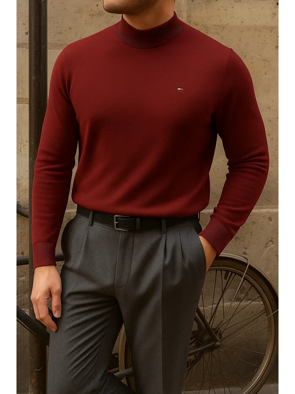 Erkek Kışlık Yarım Boğazlı Dar Basic Bordo Kazak-3