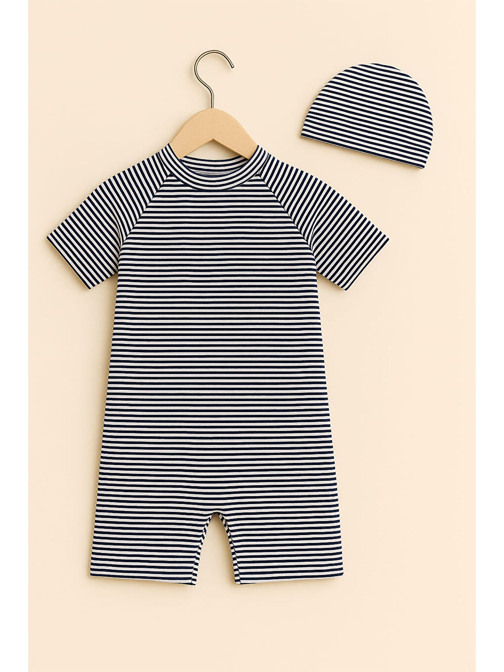 Lacivert Erkek Çocuk Çizgi Desenli Fermuarlı Boneli Mayo Takımı 11902